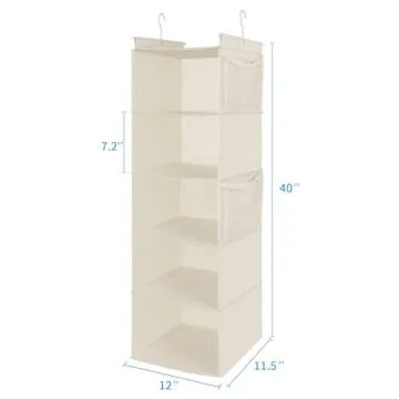 MAX Houser 5 Shelf Hanging Closet Organizer, Space Saver, Cloth Hanging Shelves with 4 Side Pockets, Foldable, Beige