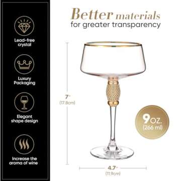 Marlelote,Gold Martini Glasses,Coupe Glass set of 4,Cocktail Glasses,Gold Rimmed&Rhinestones,Margari...