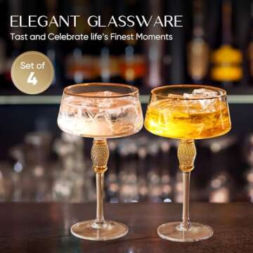 Marlelote,Gold Martini Glasses,Coupe Glass set of 4,Cocktail Glasses,Gold Rimmed&Rhinestones,Margarita Glass,Champagne Tower,Scocktail Glass,Art Deco Glassware,Home Parties,9OZ