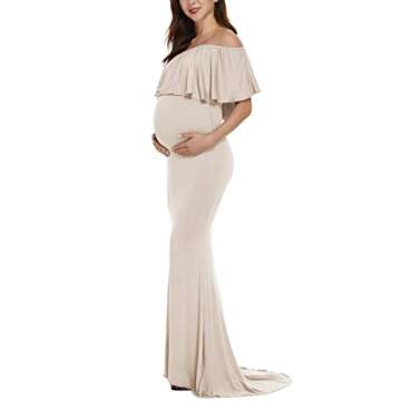Love2Mi Womens Off Shoulder Maternity Dress for Photoshoot Mama Ruffles Photography Dress Slim Fitted Gown for Baby Shower Champagne