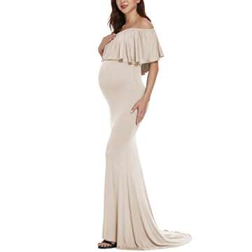 Love2Mi Womens Off Shoulder Maternity Dress for Photoshoot Mama Ruffles Photography Dress Slim Fitted Gown for Baby Shower Champagne