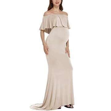 Love2Mi Womens Off Shoulder Maternity Dress for Photoshoot Mama Ruffles Photography Dress Slim Fitted Gown for Baby Shower Champagne
