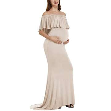 Love2Mi Womens Off Shoulder Maternity Dress for Photoshoot Mama Ruffles Photography Dress Slim Fitted Gown for Baby Shower Champagne