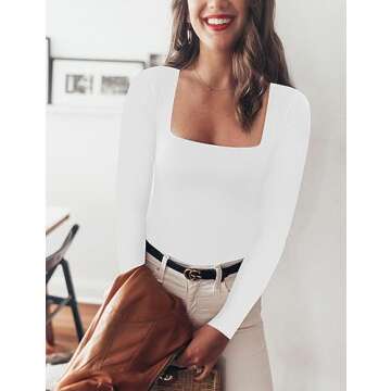 Chunpin Women's Sexy Square Neck Long Sleeve Bodysuit Tops Double Lined shirt Stretchy Basic Going o...