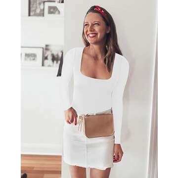 Chunpin Women's Sexy Square Neck Long Sleeve Bodysuit Tops Double Lined shirt Stretchy Basic Going out Thong Body suit White S