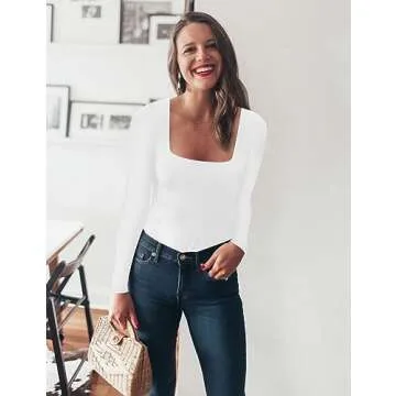 Chunpin Women's Sexy Square Neck Long Sleeve Bodysuit Tops Double Lined shirt Stretchy Basic Going out Thong Body suit White S