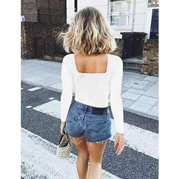 Chunpin Women's Sexy Square Neck Long Sleeve Bodysuit Tops Double Lined shirt Stretchy Basic Going out Thong Body suit White S