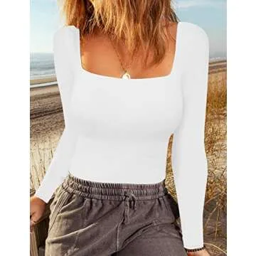 Chunpin Women's Sexy Square Neck Long Sleeve Bodysuit Tops Double Lined shirt Stretchy Basic Going out Thong Body suit White S
