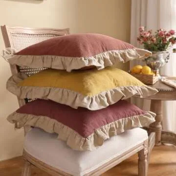 patdrea Rhodo Shabby Chic Decorative Throw Pillow Covers 22x22 Set of 2,Farmhouse Red Linen Pillow Covers with Ruffles,Square Sturdy Throw Pillow Case for Couch Sofa Bed Living Room