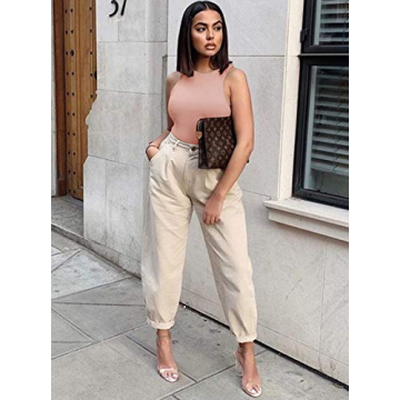 REORIA Women's Sexy High Neck Racer Back Bodysuit Pink