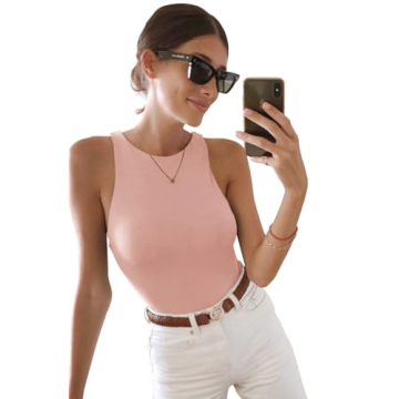 REORIA Women's Sexy High Neck Racer Back Bodysuit Pink