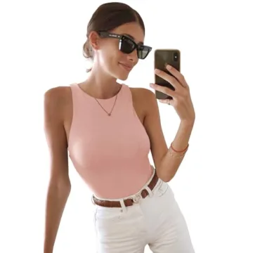 REORIA Women's Sexy High Neck Racer Back Bodysuit Pink