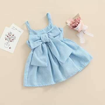 Toddler Baby Girls Sleeveless Dress Front Bowknot Stripe Sling Summer Jumpsuit Princess Casual Romper (Blue, 6-9 Months)