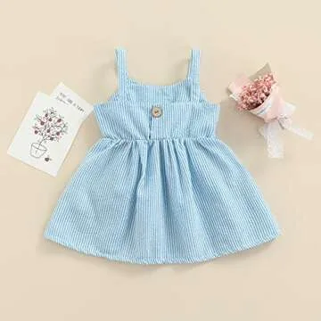 Toddler Baby Girls Sleeveless Dress Front Bowknot Stripe Sling Summer Jumpsuit Princess Casual Romper (Blue, 6-9 Months)
