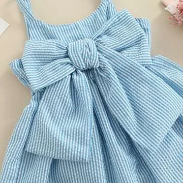 Toddler Baby Girls Sleeveless Dress Front Bowknot Stripe Sling Summer Jumpsuit Princess Casual Romper (Blue, 6-9 Months)