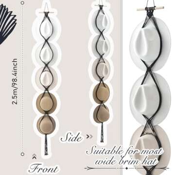 Yulejo Macrame Hat Hangers Boho Hat Rack Cowboy Hat Hanger Back of Door Hat Organizer (Black,Five Ha...