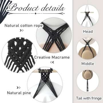 Yulejo Macrame Hat Hangers Boho Hat Rack Cowboy Hat Hanger Back of Door Hat Organizer (Black,Five Hats Style)