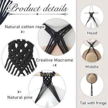 Yulejo Macrame Hat Hangers Boho Hat Rack Cowboy Hat Hanger Back of Door Hat Organizer (Black,Five Hats Style)