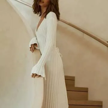 SOOKABEILA Women's Sexy Long Maxi Dress V Neck Backless Slim Fit Pencil Long Dress Bodycon Party Clubwear Dresses (G-White V Neck Knit,S)