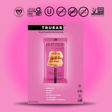 TRUBAR Vegan Protein Bar, Daydreaming About Donuts, Gluten Free, Plant Based Protein, Dairy Free, Non GMO, Soy Free, No Sugar Alcohols, 12G Protein, 12G Fiber, 23G Carb, On the Go Snack Bars, 12 CT
