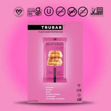 TRUBAR Vegan Protein Bar, Daydreaming About Donuts, Gluten Free, Plant Based Protein, Dairy Free, Non GMO, Soy Free, No Sugar Alcohols, 12G Protein, 12G Fiber, 23G Carb, On the Go Snack Bars, 12 CT