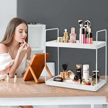 Coffee Bar Accessories and Organizer Countertop, Coffee Station Organizer 2 Tier Kitchen Counter Shelf Organizer,Coffee Condiment Storage,Cup Lid Holder Countertop Shelf for Bathroom,Kitchen,White