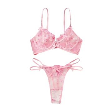 Verdusa Women's 2 Piece Floral Embroidery Mesh Lingerie Sets Bra with Strappy Thong Pink Large