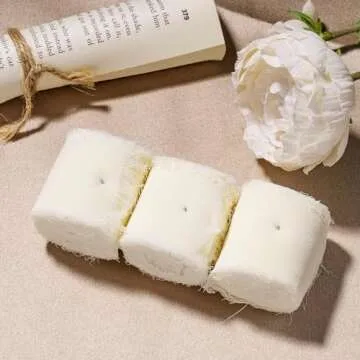 Chiffon Ribbon, 3 Rolls 21 Yards Cream White Handmade Fringe Chiffon Silk Ribbon 1.5" x 7Yd Ribbons Set for Wedding Invitations, Bridal Bouquets, Gifts Wrapping, DIY Crafts