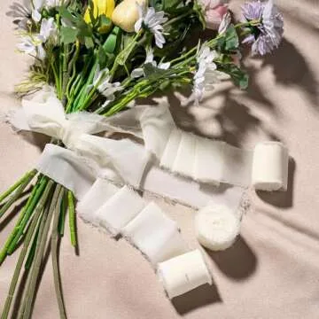 Chiffon Ribbon, 3 Rolls 21 Yards Cream White Handmade Fringe Chiffon Silk Ribbon 1.5" x 7Yd Ribbons Set for Wedding Invitations, Bridal Bouquets, Gifts Wrapping, DIY Crafts