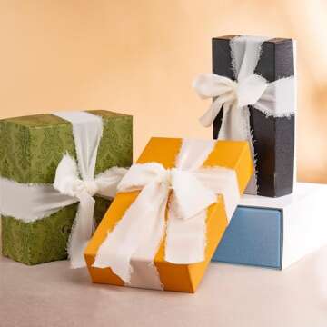 Chiffon Ribbon, 3 Rolls 21 Yards Cream White Handmade Fringe Chiffon Silk Ribbon 1.5" x 7Yd Ribbons Set for Wedding Invitations, Bridal Bouquets, Gifts Wrapping, DIY Crafts