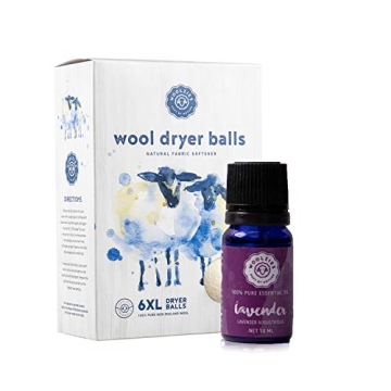 Woolzies Wool Dryer Balls Organic: 6 XL Laundry Balls for Dryer + 10 ml Lavender Essential Oil Combo...