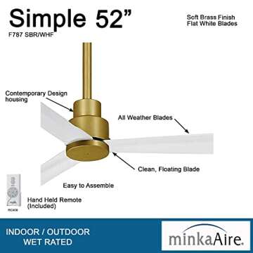 Minka-Aire F787-SBR/WHF Simple Ceiling Fan in Soft Brass and White Blades
