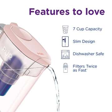 PUR 7-Cup Water Filter Pitcher with 1 Genuine PUR Filter, 2-in-1 Powerful, Faster Filtration, Lasts 2 Months or 40 Gallons, Dishwasher Safe, Blush (PPT700PA)