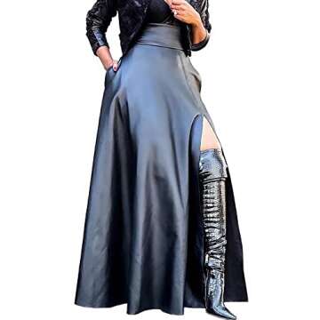 Lexiart Women's High Waisted Sexy PU Leather Vintage High Split A-Line Skirt in Black M