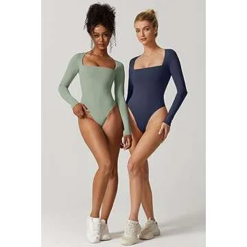 QINSEN Women's Square Neck Bodysuit Sexy Curved Shoulders Long Sleeve Slimming Tops Smoke Green M