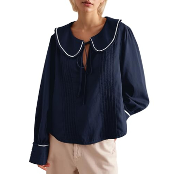 ICOBID Women Cute Tie Up Contrast Binding Blouse Shirt Loose Fit V Neck Long Sleeve Blouse Top Lapel...