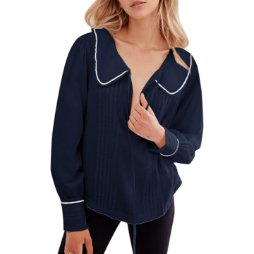 ICOBID Women Cute Tie Up Contrast Binding Blouse Shirt Loose Fit V Neck Long Sleeve Blouse Top Lapel Button Cuff Shirts Purplish Blue