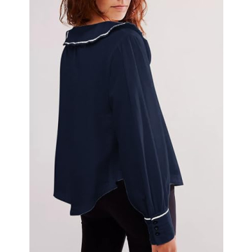 ICOBID Women Cute Tie Up Contrast Binding Blouse Shirt Loose Fit V Neck Long Sleeve Blouse Top Lapel Button Cuff Shirts Purplish Blue