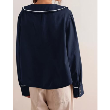 ICOBID Women Cute Tie Up Contrast Binding Blouse Shirt Loose Fit V Neck Long Sleeve Blouse Top Lapel Button Cuff Shirts Purplish Blue