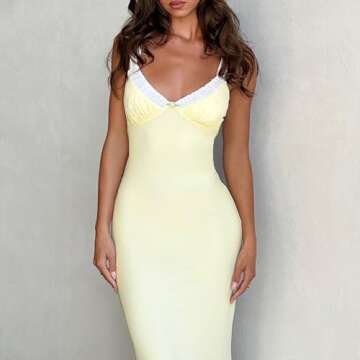 XFLnaraz Women Satin Maxi Dress Fairy Grunge Sleeveless Low Cut Spaghetti Strap Cocktail Long Dress Streetwear(DE-Yellow,L)