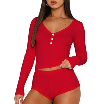 Cioatin Women 2 Piece Ribbed Knit Pajama Set - Soft Crop Top & Shorts