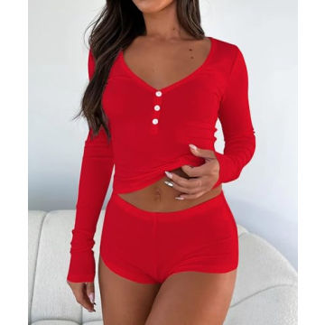 Cioatin Women 2 Piece Ribbed Knit Pajama Set Red