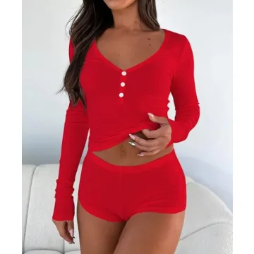 Cioatin Women 2 Piece Ribbed Knit Pajama Set Red