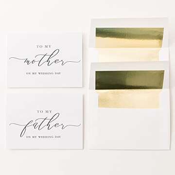 2 City Geese To My Mother To My Father On My Wedding Day Card 4x5.5 Folded White Card with Black Caligraphy with Gold Foil Lined Envelopes 2 Card Set Elegant Minimalist Style Wedding Cards