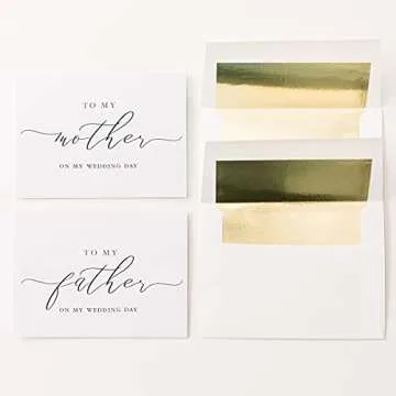 2 City Geese To My Mother To My Father On My Wedding Day Card 4x5.5 Folded White Card with Black Caligraphy with Gold Foil Lined Envelopes 2 Card Set Elegant Minimalist Style Wedding Cards