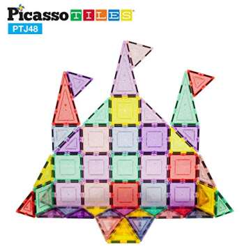 PicassoTiles Magnetic Tiles Blocks Magnet Tile Magnets Building Blocks Construction Toy Set with Reflective Leaf Flakes Magnetic Building Tiles Toys STEM Learning Kit Stacking Block Playset PTJ48