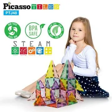 PicassoTiles Magnetic Tiles Blocks Magnet Tile Magnets Building Blocks Construction Toy Set with Reflective Leaf Flakes Magnetic Building Tiles Toys STEM Learning Kit Stacking Block Playset PTJ48