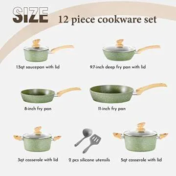 Kitchen Academy Induction Cookware Sets - 12 Piece Green Cooking Pan Set, Granite Nonstick Pots and Pans Set