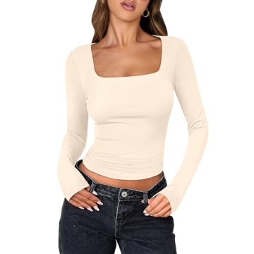 ANRABESS Women Long Sleeve Crop Top - Square Neck Basic Tee 2024