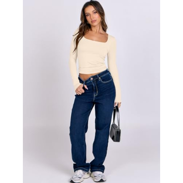 ANRABESS Long Sleeve Crop Top - Stylish Apricot Tee